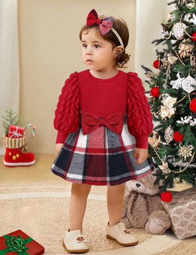 Qaoerde Baby Girl Christmas Dress Baby Girl Dresses 12-18 Months Baby Puff Sleeve Red Plaid Dress Ribbed Fall Winter Dress Christmas Outfit with Bow Headband - Image 3