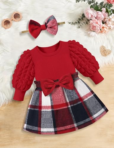 Qaoerde Baby Girl Christmas Dress Baby Girl Dresses 12-18 Months Baby Puff Sleeve Red Plaid Dress Ribbed Fall Winter Dress Christmas Outfit with Bow Headband - Image 4