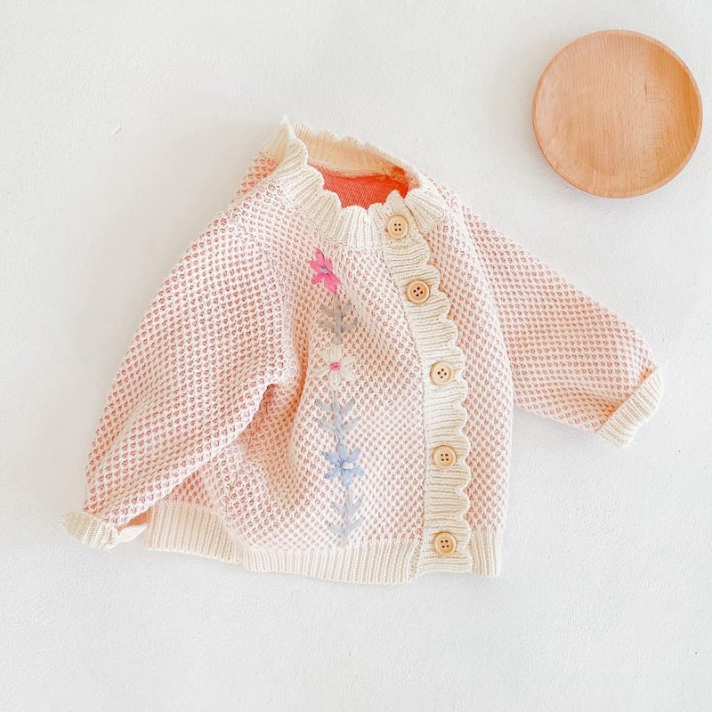 Simplee kids Baby Girl Cardigan Floral Knit Spring Coat Long Sleeve Sweater Pink 12-18 Months - Image 3