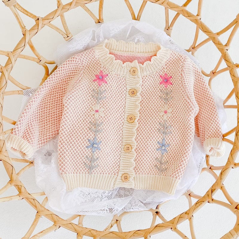 Simplee kids Baby Girl Cardigan Floral Knit Spring Coat Long Sleeve Sweater Pink 12-18 Months - Image 4