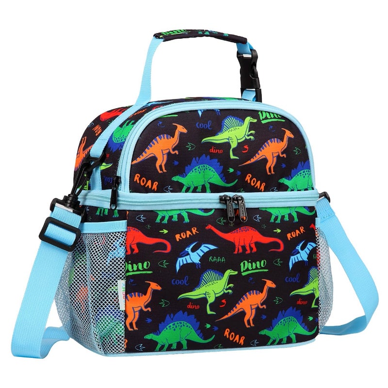 VASCHY Lunch Box Bag for Kids Insulated Double Compartments Cooler Lunch Tote for Toddlers Boys Girls SchoolDaycarePicnic Black Dinos