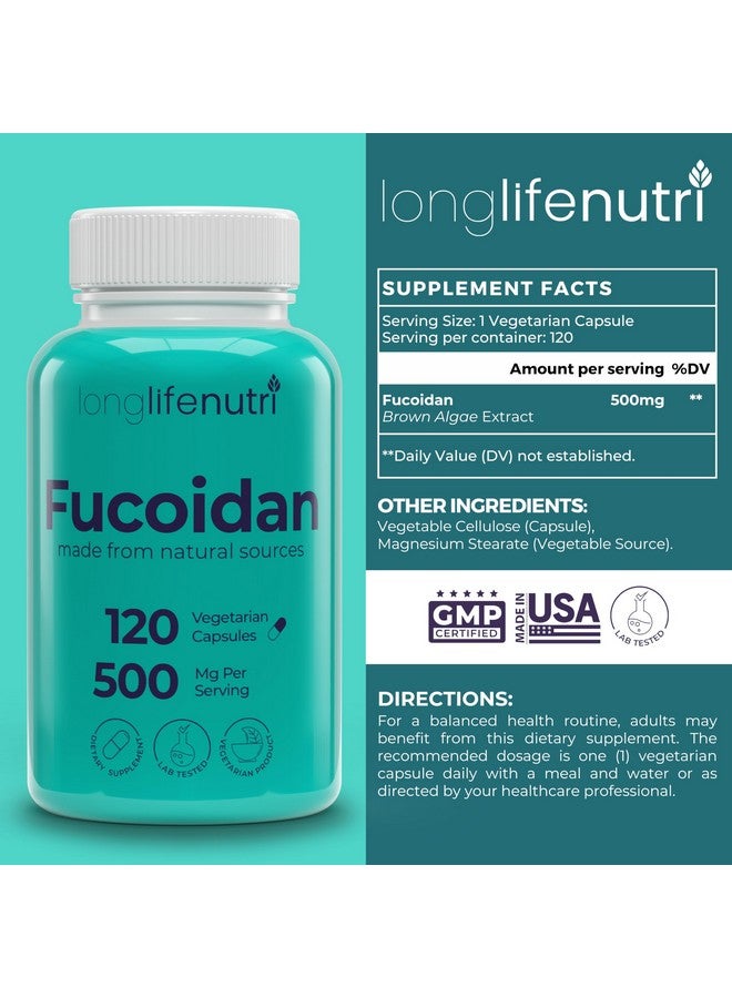 LongLifeNutri Fucoidan 500mg - Brown Seaweed Extract Supplement from a Natural Source of Fucoidan & Fucoxanthin | 120 Vegetarian Capsules for Energy & Wellness | Made in USA, GMP Certified - Image 2