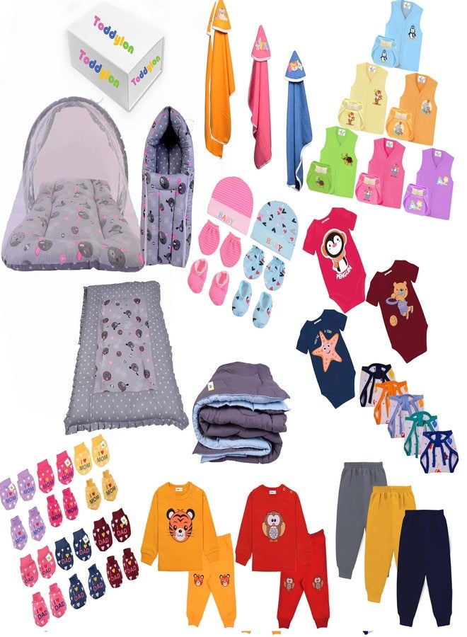 Toddylon 56 in 1 Newborn Baby Products All Cotton Gift Packs Essential Items Combo | Baby Bed | Clothing Set | Baby Grooming | Infants Kit (0-6 Months) Grey - Image 1