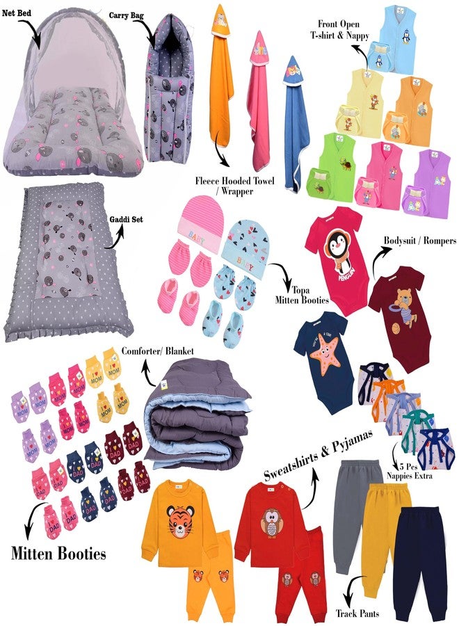 Toddylon 56 in 1 Newborn Baby Products All Cotton Gift Packs Essential Items Combo | Baby Bed | Clothing Set | Baby Grooming | Infants Kit (0-6 Months) Grey - Image 2
