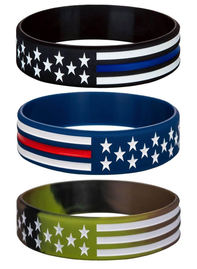 Sainstone American Flag Silicone Bracelets with Thin Blue Line American Flag Black, Red Line American Flag Blue and White Line American Flag Army Green for Patriots, Army, Men, Women (Unisex) - Image 1