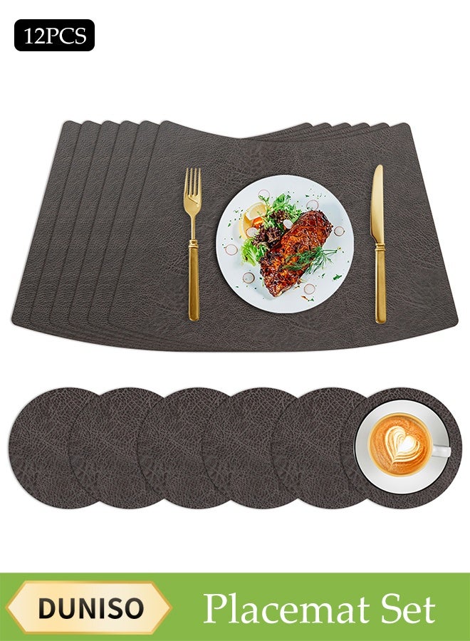 DUNISO 12 Pcs Per Set Pvc Leather Placemats, Coasters, Tableware Set, Fan-Shaped Heat-Resistant And Non-Slip Table Mats, Including 6 Placemats, 6 Coasters, Washable, Oil-Resistant, Suitable For Home And Restaurant, Washable (Black Coffee Color) - Image 1