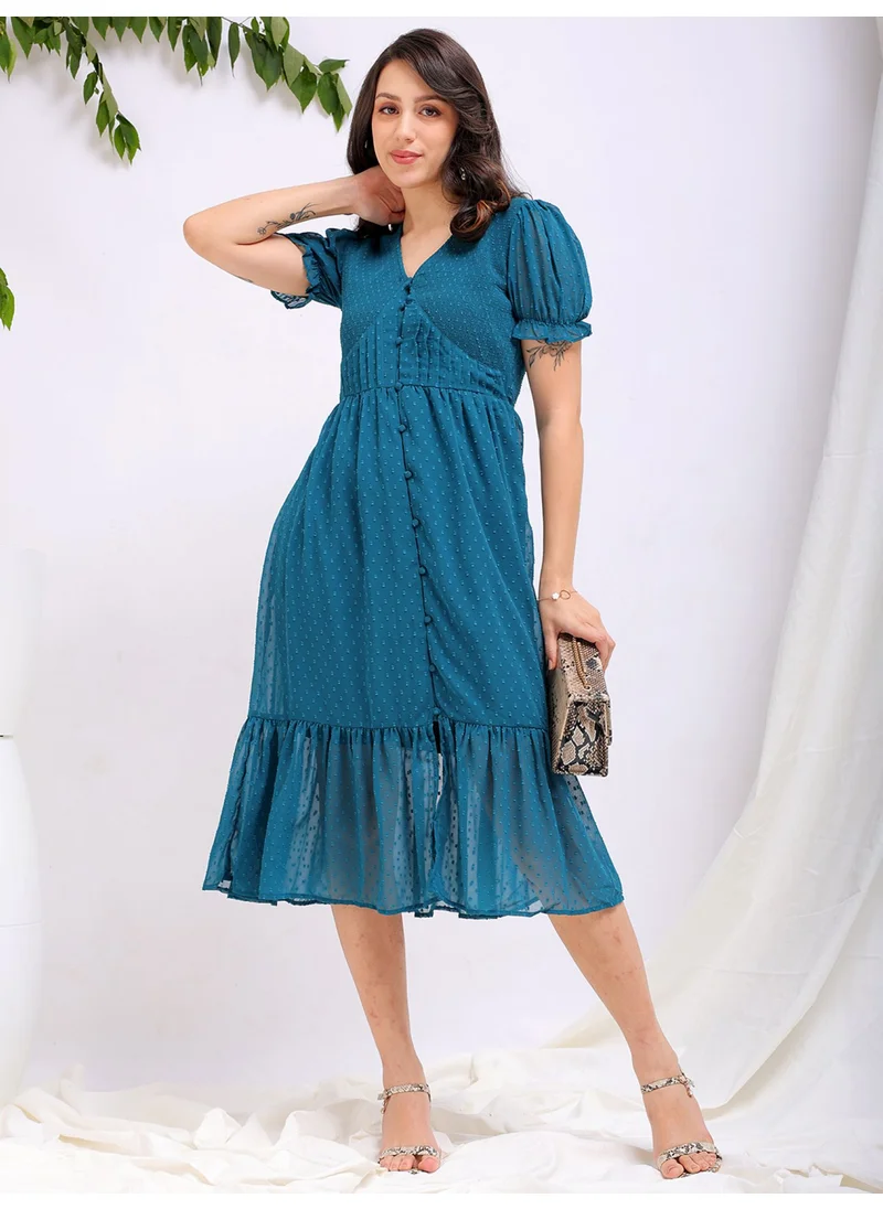 Freehand Women Casual Fit And Flare Textured Cut & Sew V-Neck Long Length Tiered Dress