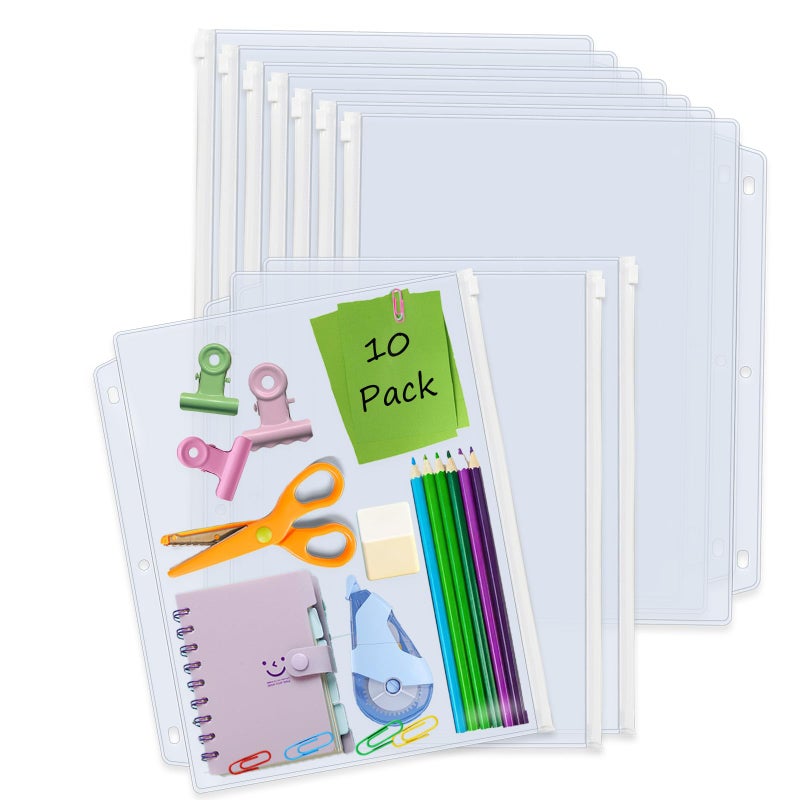 Binditek 10 Pack Plastic Zippered Binder Pockets, 3-Hole Punched for 3 Ring Binder, Clear PVC with White Zippers, Waterproof Loose Leaf Bag Pouch for Document Filing and Storage - Image 1