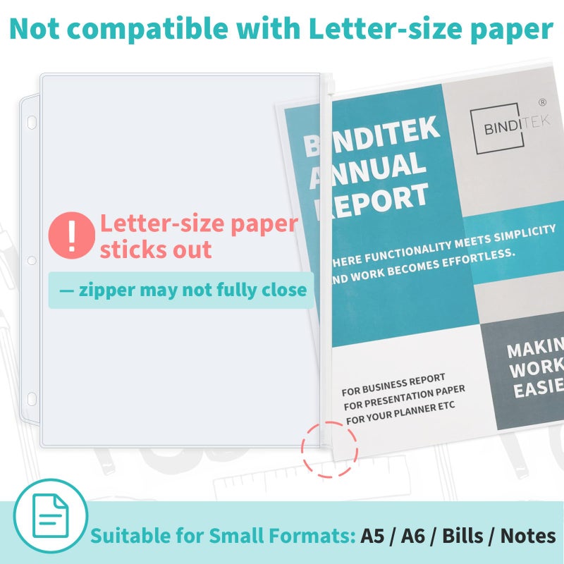 Binditek 10 Pack Plastic Zippered Binder Pockets, 3-Hole Punched for 3 Ring Binder, Clear PVC with White Zippers, Waterproof Loose Leaf Bag Pouch for Document Filing and Storage - Image 5