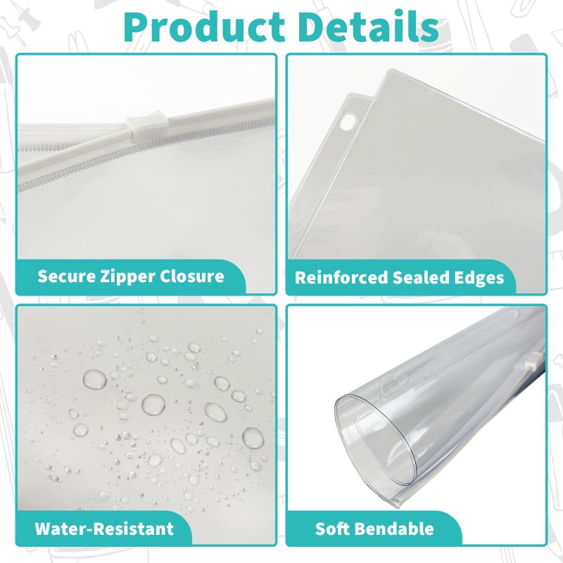 Binditek 10 Pack Plastic Zippered Binder Pockets, 3-Hole Punched for 3 Ring Binder, Clear PVC with White Zippers, Waterproof Loose Leaf Bag Pouch for Document Filing and Storage - Image 4