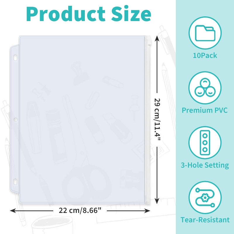 Binditek 10 Pack Plastic Zippered Binder Pockets, 3-Hole Punched for 3 Ring Binder, Clear PVC with White Zippers, Waterproof Loose Leaf Bag Pouch for Document Filing and Storage - Image 2