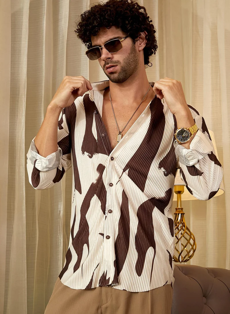 كامبوس سوترا قميص رجالي مطوي بخطوط كونتور بني شوكولاتة وأبيض أقحوان