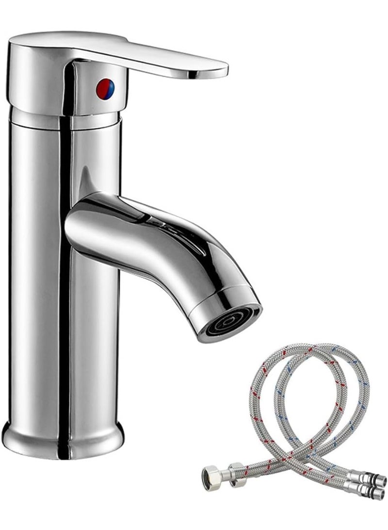 صنبور حوض حمام من الفولاذ المقاوم للصدأ مع خرطوم – صنبور مغسلة بمقبض واحد موفر للمياه للمياه الساخنة والباردة (كروم) - Image 1