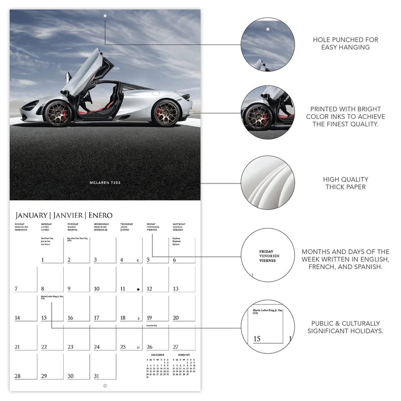 Graphique 2024 Car Legends Wall Calendar | 12â€ x 12â€ | Thick Paper | Home & Office Organizer | Large Monthly Grid | 3 Languages & Marked Holidays | 4 Month Preview Page for 2025 - Image 3