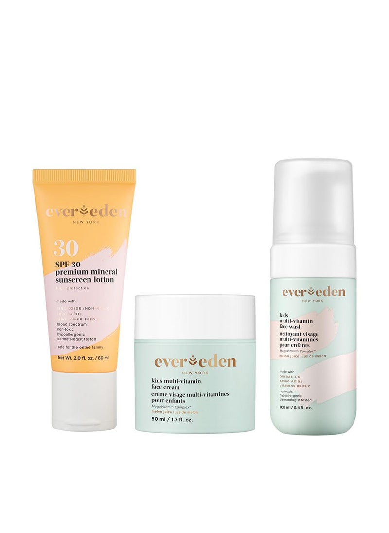 Evereden Evereden Kids Daily 123 Routine Bundle Clean  Vegan Skin Care Set  Hydrating  Nourishing Tween Skincare Set with MultiVitamin Face Wash Face Cream Lotion  SPF 30 Mineral Sunscreen Melon 