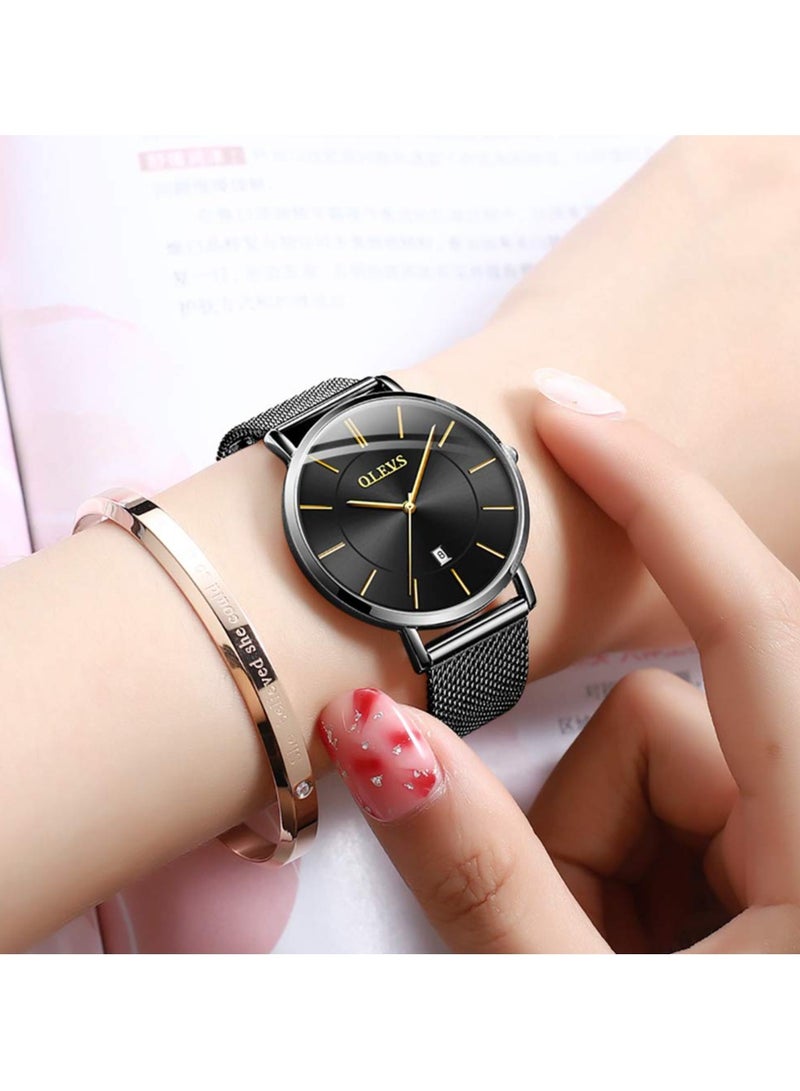أوليفز ساعة نسائية فاخرة باللون الذهبي الوردي، ساعة رفيعة وخفيفة الوزن من الفولاذ المقاوم للصدأ، ساعة يد أنيقة مقاومة للماء للسيدات، وجه أسود وأبيض وأزرق، سوار قابل للتعديل - Image 2