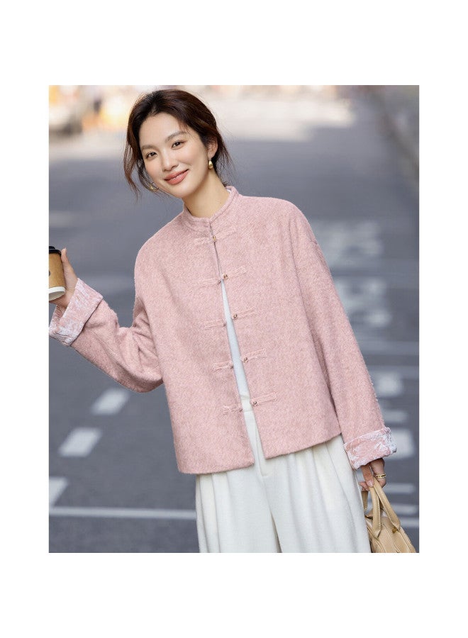 Demana [cotton Wool Blend] Winter National Style New Chinese Stand Collar Elegant Frog Button Velvet Spliced Short Women's Jacket