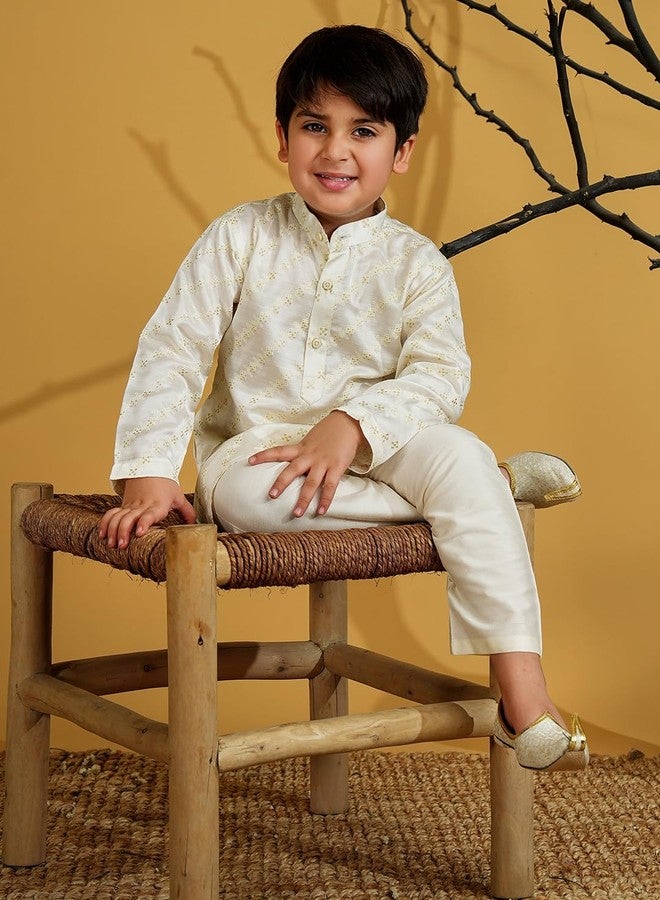 AJ DEZINES Kids Silk Blend Full Sleeve Embroidery White Kurta Pajama Set for Boys - Ethnic wear|Special Occasion & Festive Outfit|Mandarin Collar Kurta Pyjama for Boys - Regular Fit (1273-WHITE-7) - Image 5