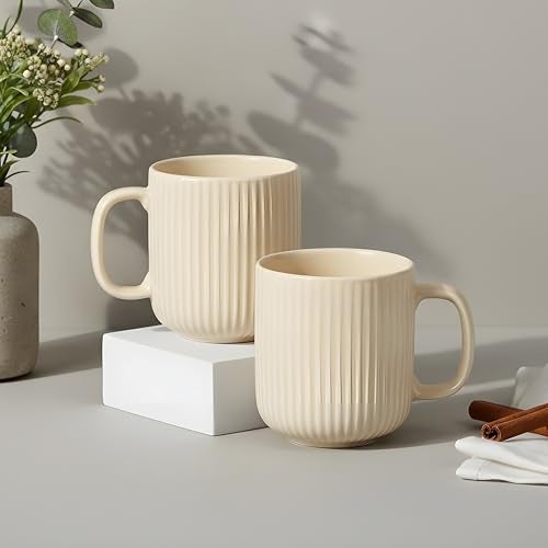 CRAF10 Linear Luxe Ceramic Coffee/Milk Mugs, 340 ML, Dishwasher & Microwave Safe, Ivory, Set of 2 - Image 1