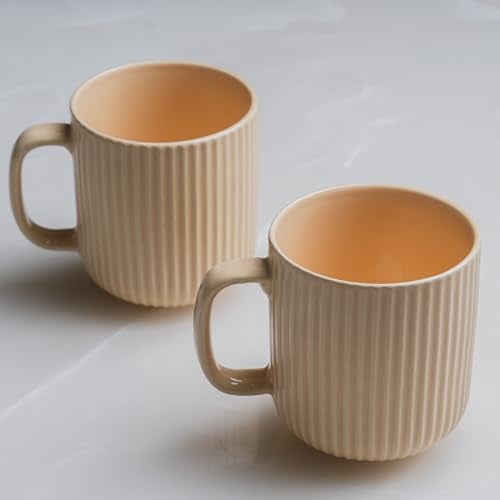 CRAF10 Linear Luxe Ceramic Coffee/Milk Mugs, 340 ML, Dishwasher & Microwave Safe, Ivory, Set of 2 - Image 2