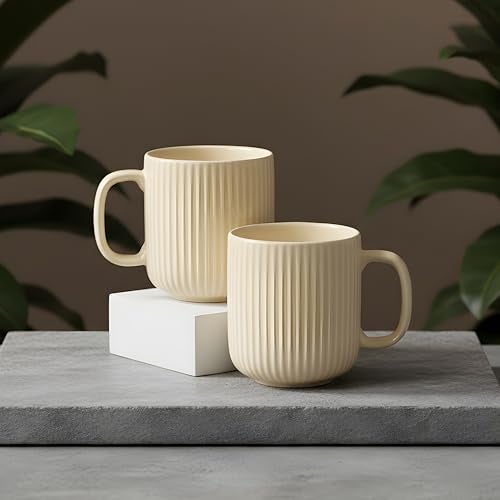 CRAF10 Linear Luxe Ceramic Coffee/Milk Mugs, 340 ML, Dishwasher & Microwave Safe, Ivory, Set of 2 - Image 5