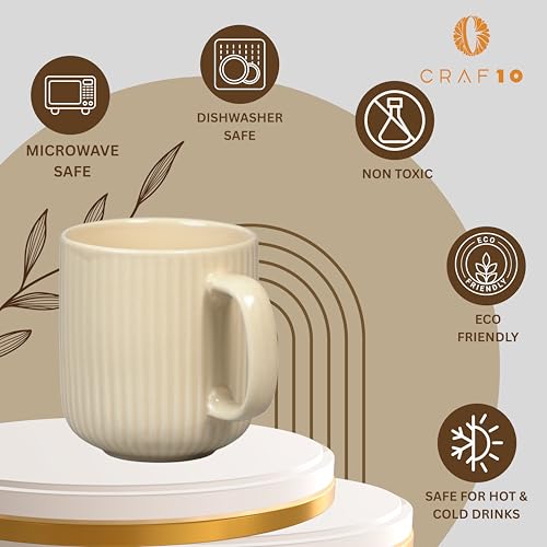 CRAF10 Linear Luxe Ceramic Coffee/Milk Mugs, 340 ML, Dishwasher & Microwave Safe, Ivory, Set of 2 - Image 4