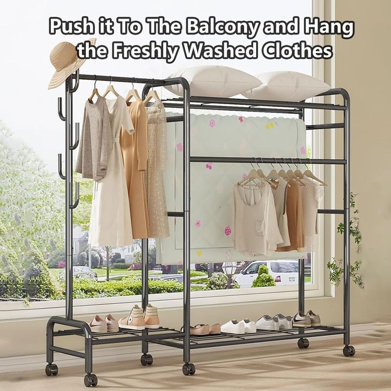 TDOO Garment Rack Heavy Duty Clothes Rack Metal with ghelves, Standing Rolling Clothing Rack for Hanging Clothes with Sturdy wheels, Portable Closet Wardrobe Rack - Image 5