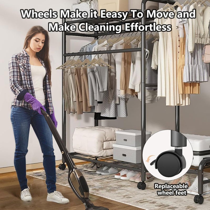 TDOO Garment Rack Heavy Duty Clothes Rack Metal with ghelves, Standing Rolling Clothing Rack for Hanging Clothes with Sturdy wheels, Portable Closet Wardrobe Rack - Image 2