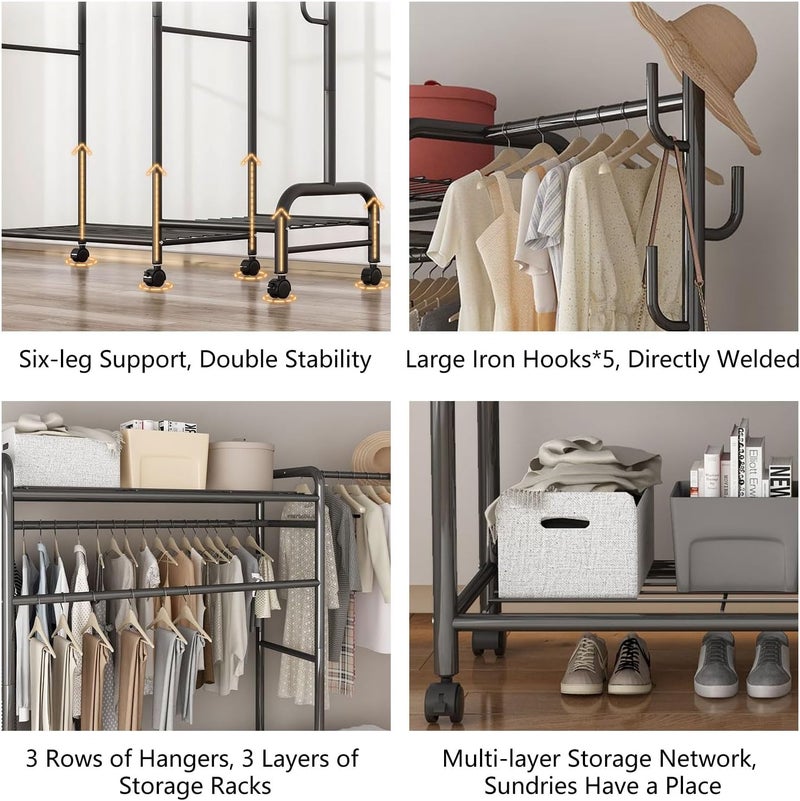 TDOO Garment Rack Heavy Duty Clothes Rack Metal with ghelves, Standing Rolling Clothing Rack for Hanging Clothes with Sturdy wheels, Portable Closet Wardrobe Rack - Image 4