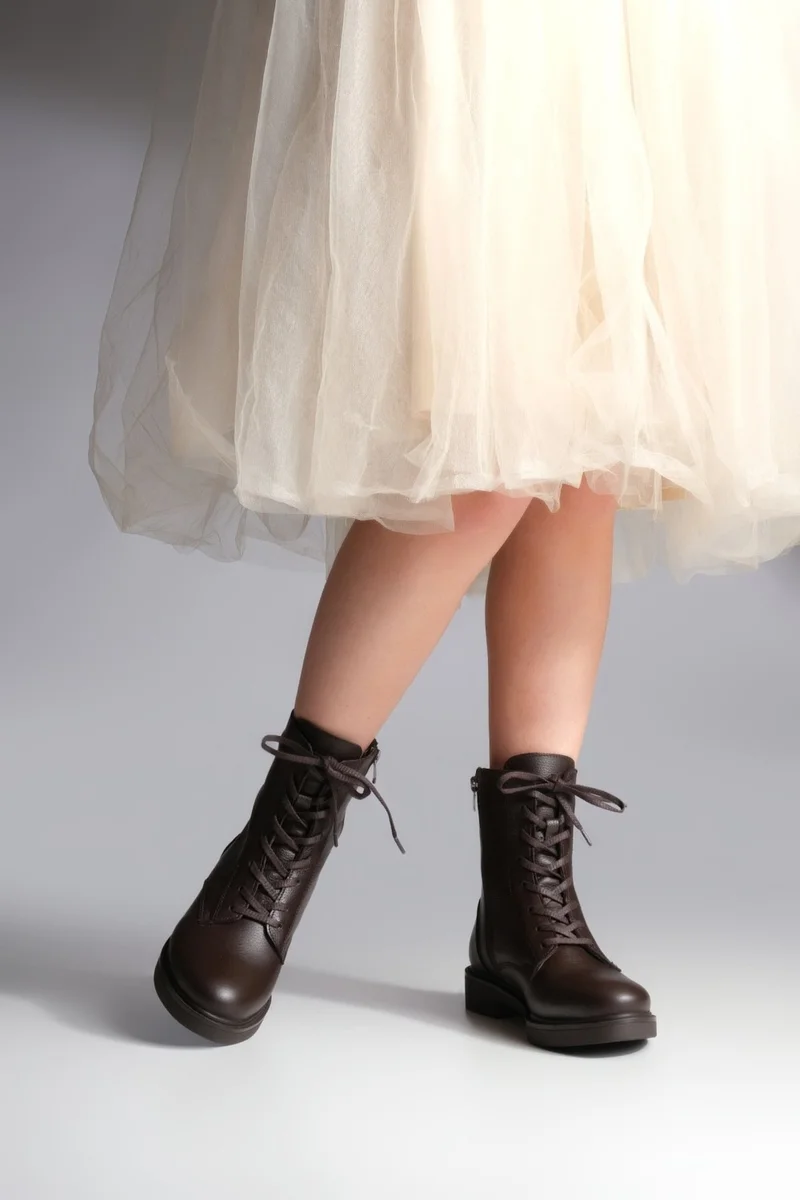 MARJIN Margin Women's Leather Boots with Lace Up Zippered Lace