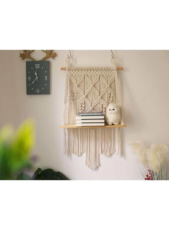 انتيكيانو رف معلق على الحائط بخيوط مكرمية.. ديكور حائط بوهيمي لغرفة النوم - فن جداري من حبل مكرمية منسوج كديكور لرف - Image 1