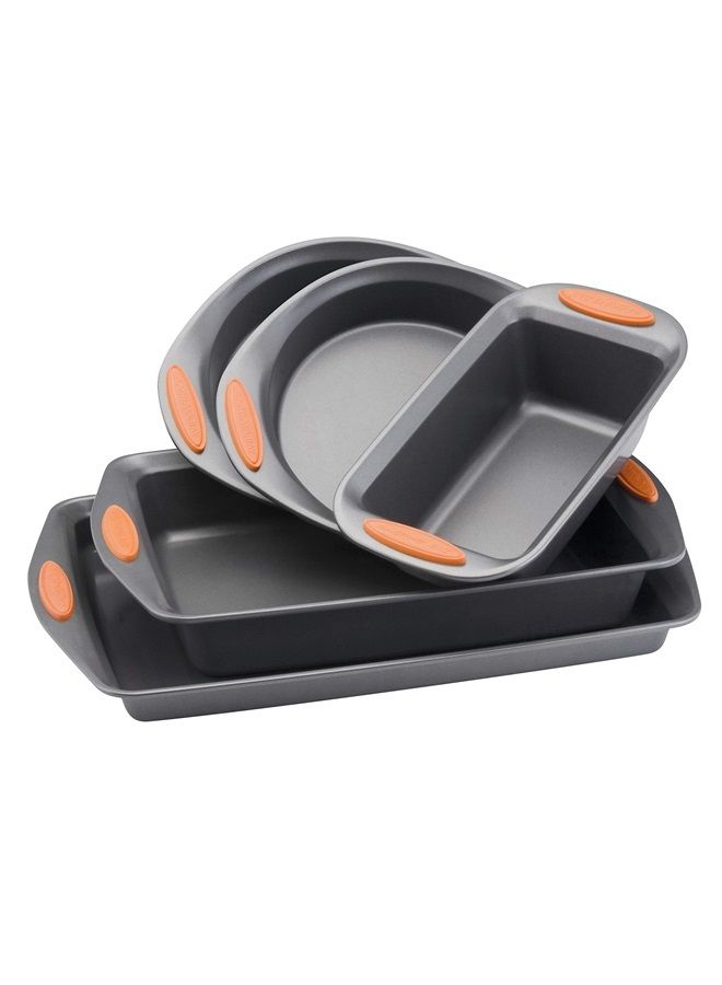 Rachael Ray 55673 Nonstick Bakeware Set with Grips includes Nonstick Bread Pan, Baking Pans and Cake Pans - 5 Piece, Gray with Orange Grips - Image 1