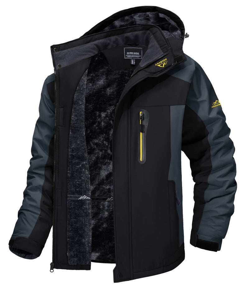 TACVASEN Men's Winter Ski Jacket Waterproof Snow Coats Snowboard Fleece Lining Jacket Warm Parka with Hooded Black Gray XL