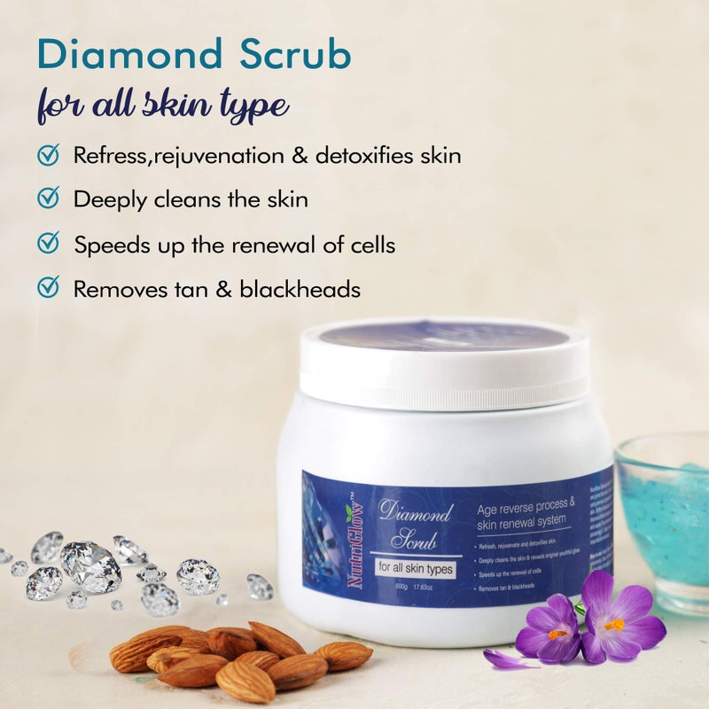 NutriGlow Diamond Scrub With Lemon Oil For Age Reverse, Remove Access Oil & Skin Renewal System, All Types of Skin, 500gm - Image 2