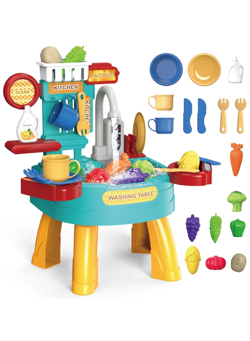 34 PCS Play Kitchen Water Table, Play Sink with Running Water, Toddler Toy Sink with Electric Faucet, Play Food  Kitchen Accessories, Kids Role Play Indoor Outdoor Water Toys for Boys Girls Gifts - Image 1