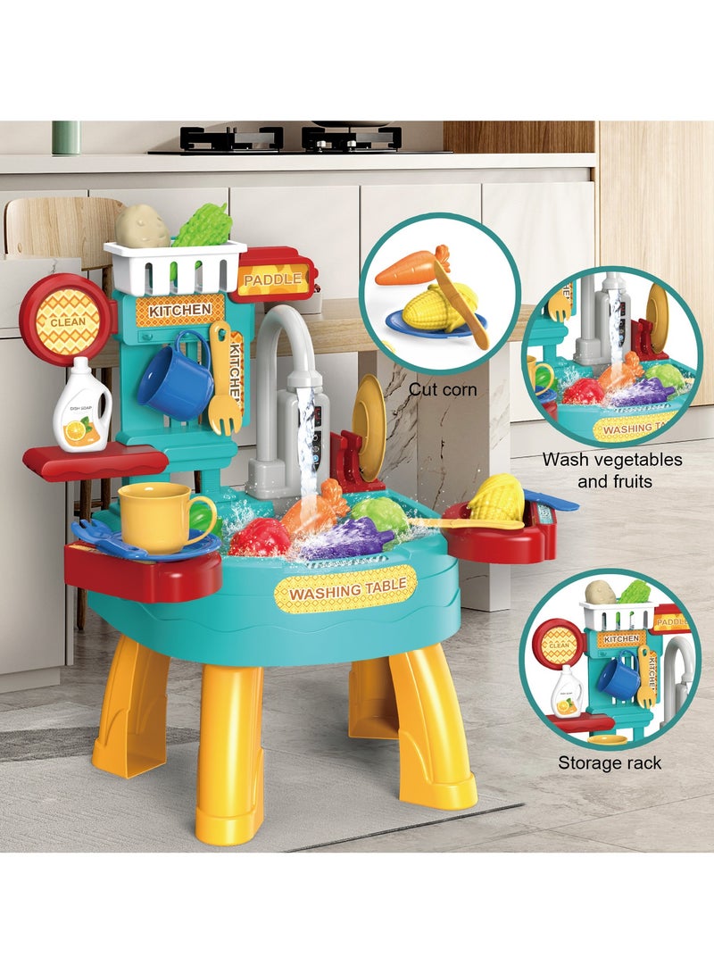 34 PCS Play Kitchen Water Table, Play Sink with Running Water, Toddler Toy Sink with Electric Faucet, Play Food  Kitchen Accessories, Kids Role Play Indoor Outdoor Water Toys for Boys Girls Gifts - Image 4
