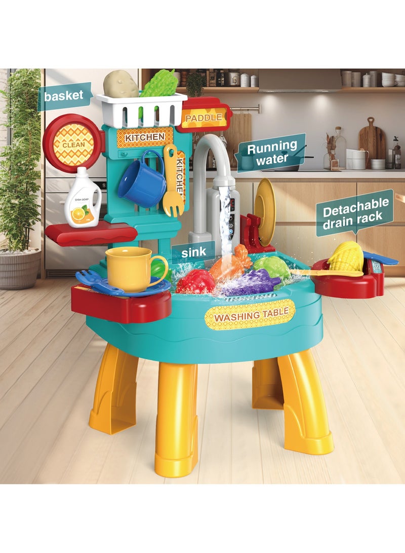 34 PCS Play Kitchen Water Table, Play Sink with Running Water, Toddler Toy Sink with Electric Faucet, Play Food  Kitchen Accessories, Kids Role Play Indoor Outdoor Water Toys for Boys Girls Gifts - Image 5