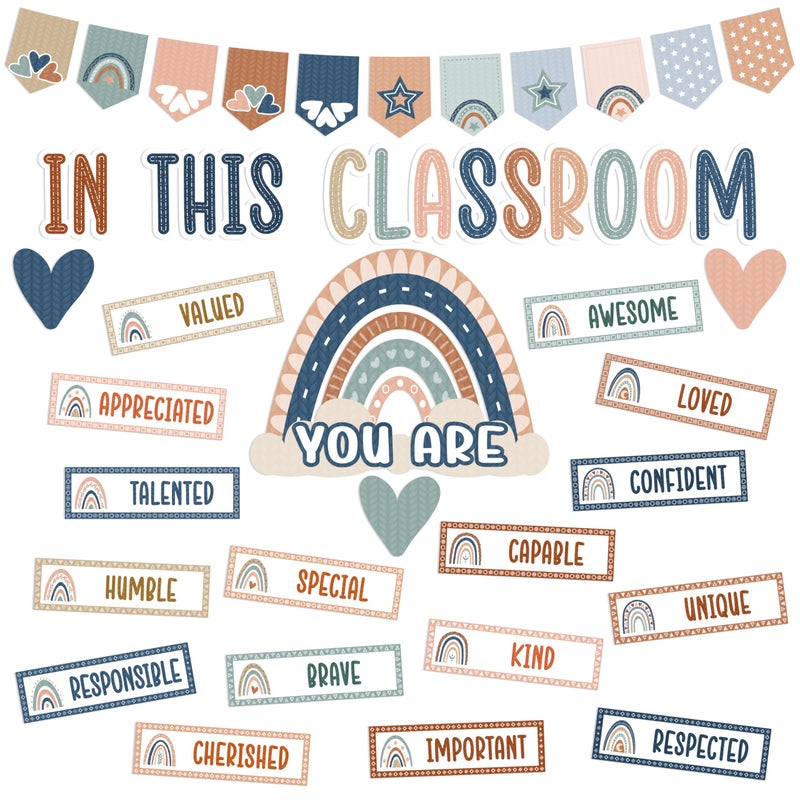 4E's Novelty 36 Pcs “in This Classroom You are” Boho Classroom Bulletin Board Sets, Boho Motivational Bulletin Board Decorations with Rainbow, & Positive Affirmations School Wall Decor Classroom - Image 1