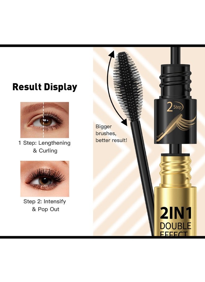2 in 1 Double Effect Mascara- Cool Black Curling and Intensifying Mascara Volumizing and Lengthening Thrive Black Mascara for Long Curly and Thick Eyelashes Waterproof Mascara