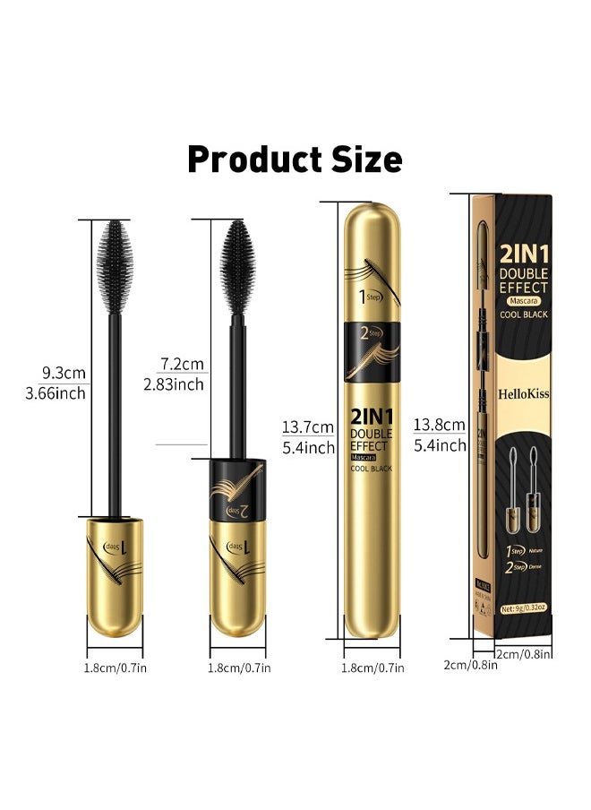 2 in 1 Double Effect Mascara- Cool Black Curling and Intensifying Mascara Volumizing and Lengthening Thrive Black Mascara for Long Curly and Thick Eyelashes Waterproof Mascara