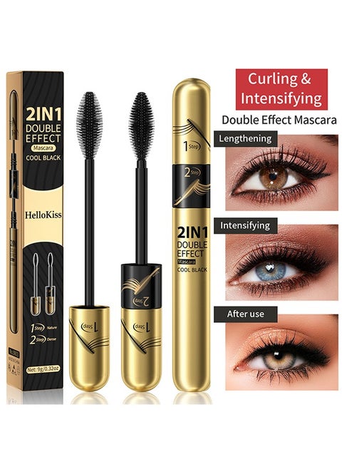 2 in 1 Double Effect Mascara- Cool Black Curling and Intensifying Mascara Volumizing and Lengthening Thrive Black Mascara for Long Curly and Thick Eyelashes Waterproof Mascara