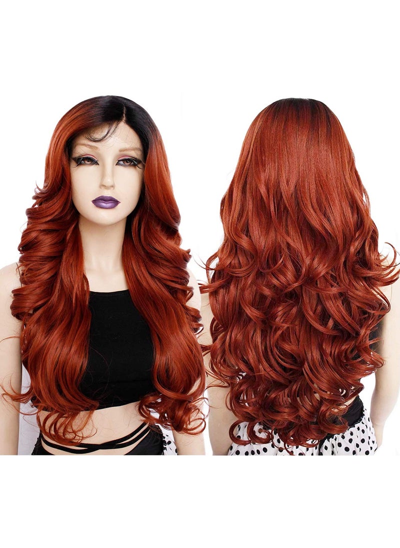 Ebingoo Ebingoo Wig Cap 26 Inch Omber Copper Red Lace Front Wig with Dark Roots Long Copper Red Wigs with Baby Hair Synthetic Hair for Women Girls Daily Wear 