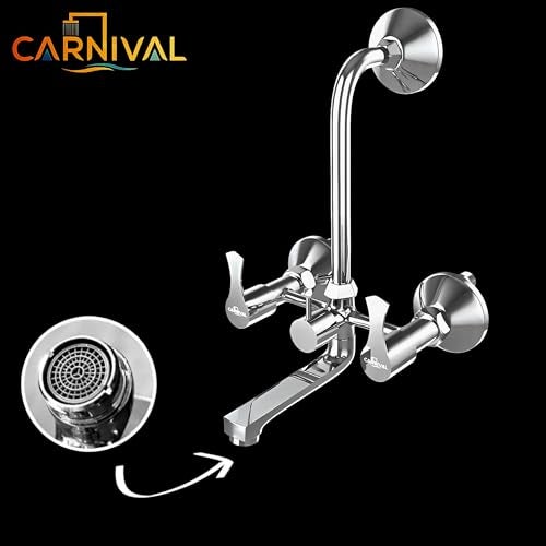 Carnival Full Brass Premium Bathroom Wall Mixer 2 in 1 Faucet Set with Chrome Finish with Provision for Overhead Shower with L Bend Pipe Wall Mount Installation Type - Image 3