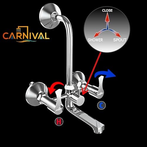 Carnival Full Brass Premium Bathroom Wall Mixer 2 in 1 Faucet Set with Chrome Finish with Provision for Overhead Shower with L Bend Pipe Wall Mount Installation Type - Image 2