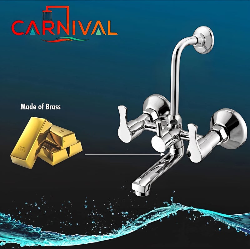 Carnival Full Brass Premium Bathroom Wall Mixer 2 in 1 Faucet Set with Chrome Finish with Provision for Overhead Shower with L Bend Pipe Wall Mount Installation Type - Image 4
