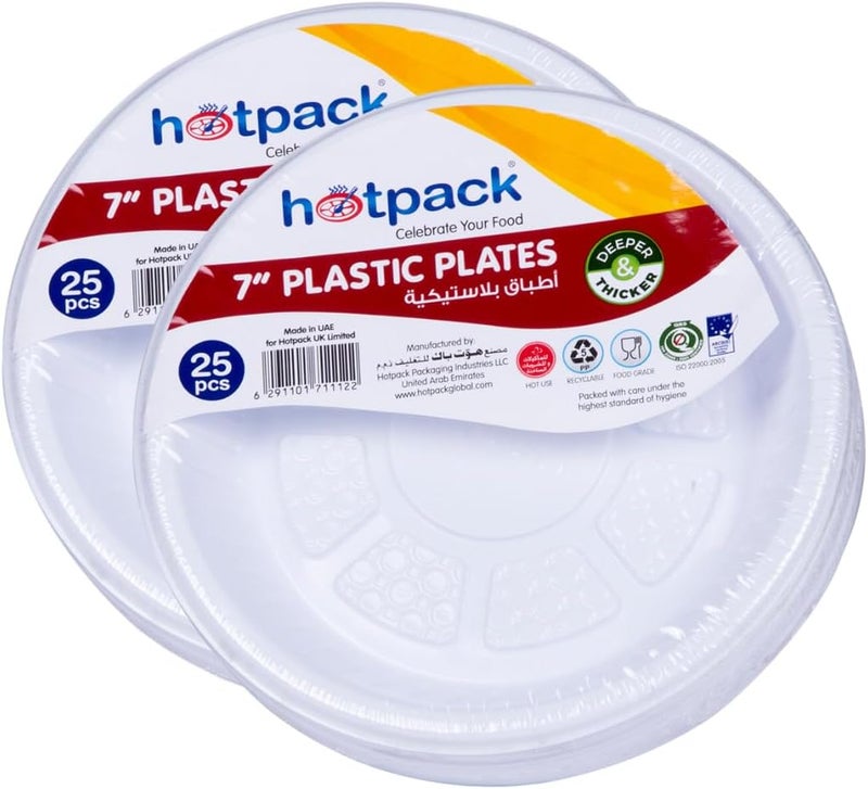 Hotpack Disposable Food Serving Plastic Round Plate White 7 Inche, 25-Pieces Pack of 2