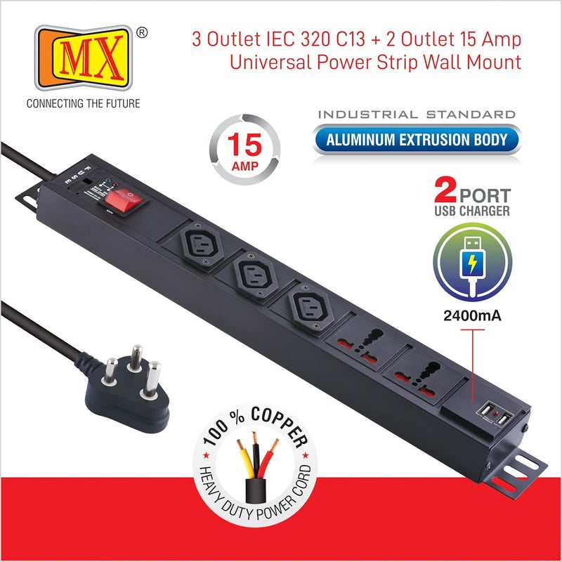 MX 3 مخرج 10 أمبير IEC 320 C13 مقبس 2 مخرج 15 أمبير مقبس عالمي شريط تمديد الطاقة مع 2 منفذ شحن USB 24 أمبير مزود بفيوز مدمج مفتاح رئيسي مثبت على الحائط سلك طاقة بطول 15 متر - Image 5