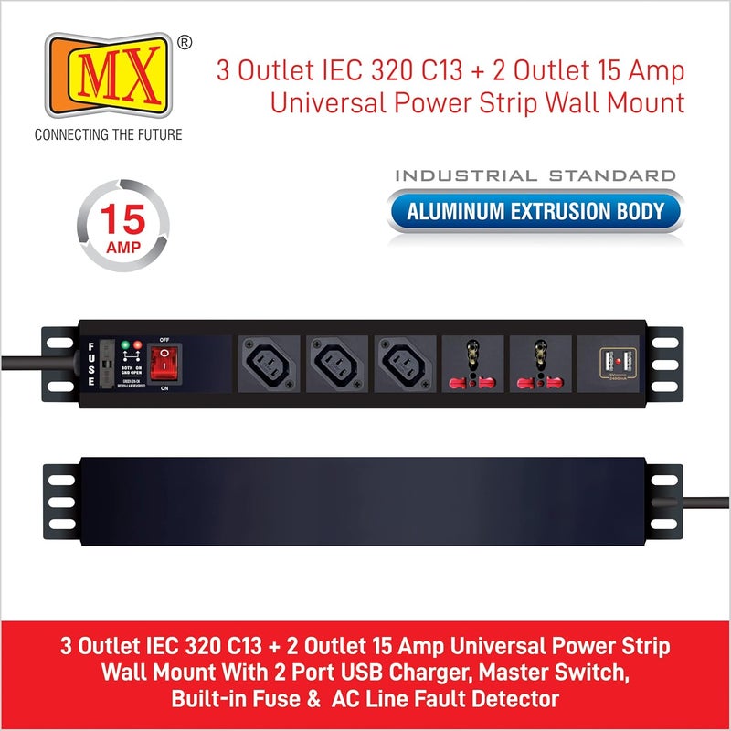 MX 3 مخرج 10 أمبير IEC 320 C13 مقبس 2 مخرج 15 أمبير مقبس عالمي شريط تمديد الطاقة مع 2 منفذ شحن USB 24 أمبير مزود بفيوز مدمج مفتاح رئيسي مثبت على الحائط سلك طاقة بطول 15 متر - Image 2