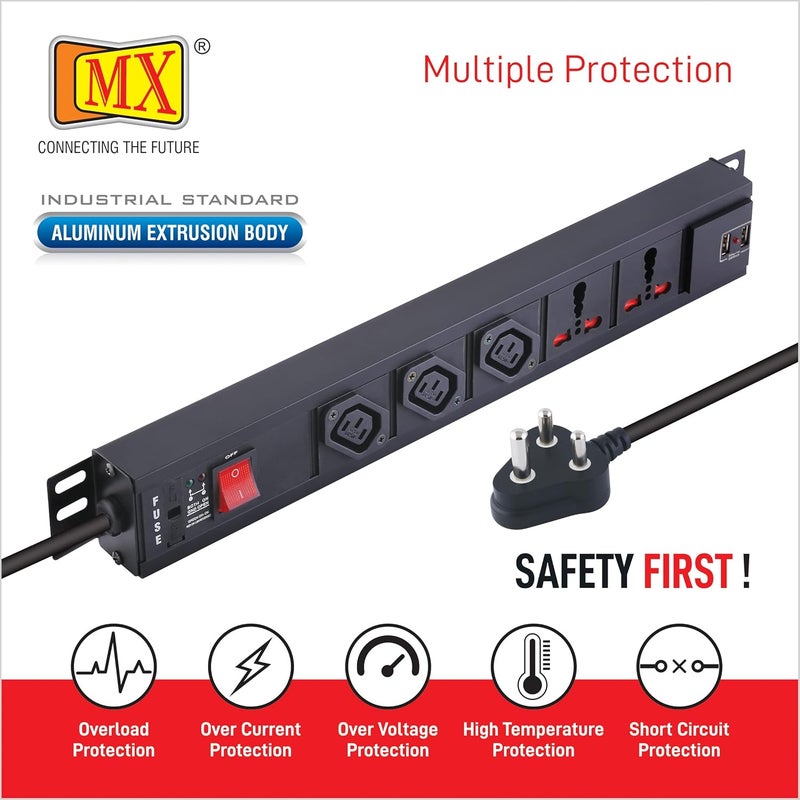 MX 3 مخرج 10 أمبير IEC 320 C13 مقبس 2 مخرج 15 أمبير مقبس عالمي شريط تمديد الطاقة مع 2 منفذ شحن USB 24 أمبير مزود بفيوز مدمج مفتاح رئيسي مثبت على الحائط سلك طاقة بطول 15 متر - Image 4