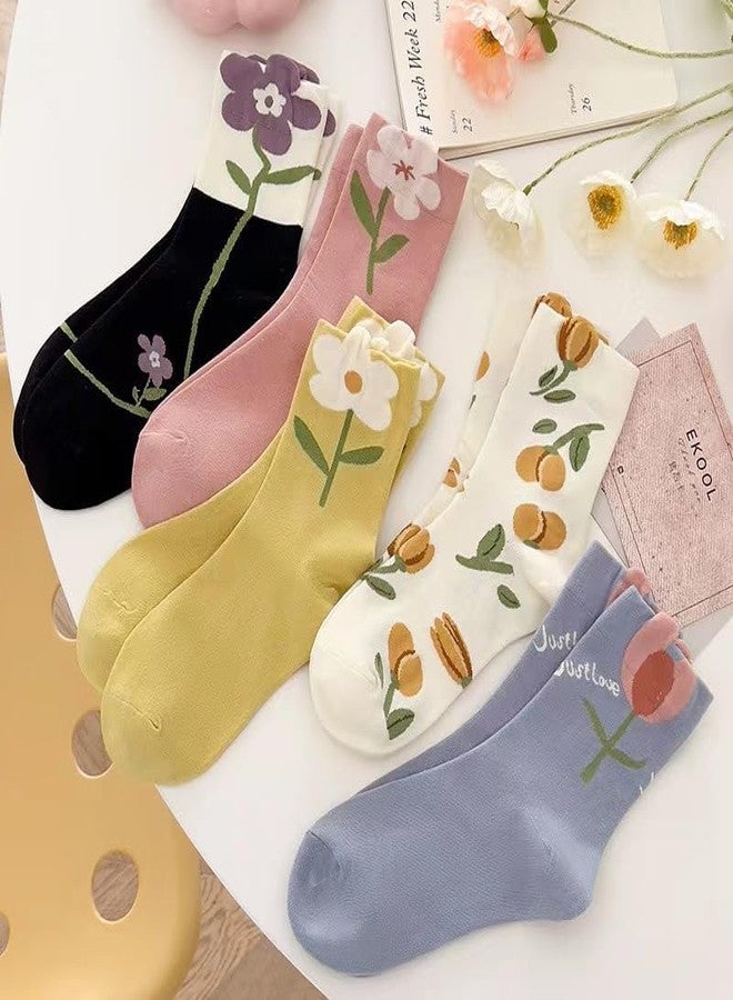 CazDopaM Cute Cotton Socks for Women and Girls, 5 Pairs Socks for Sports and Daily Wear Vintage Socks Floral Crew Socks (5-pairs,Cotton) - Image 2